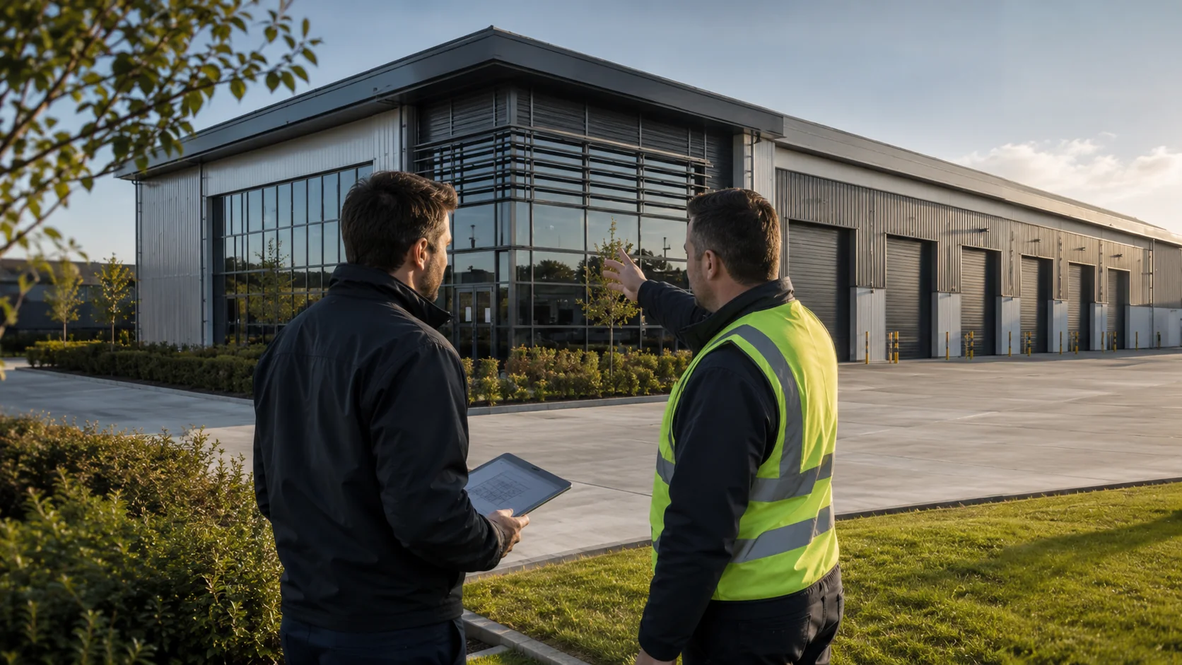Commercial property representative and roofing professional reviewing access and site requirements