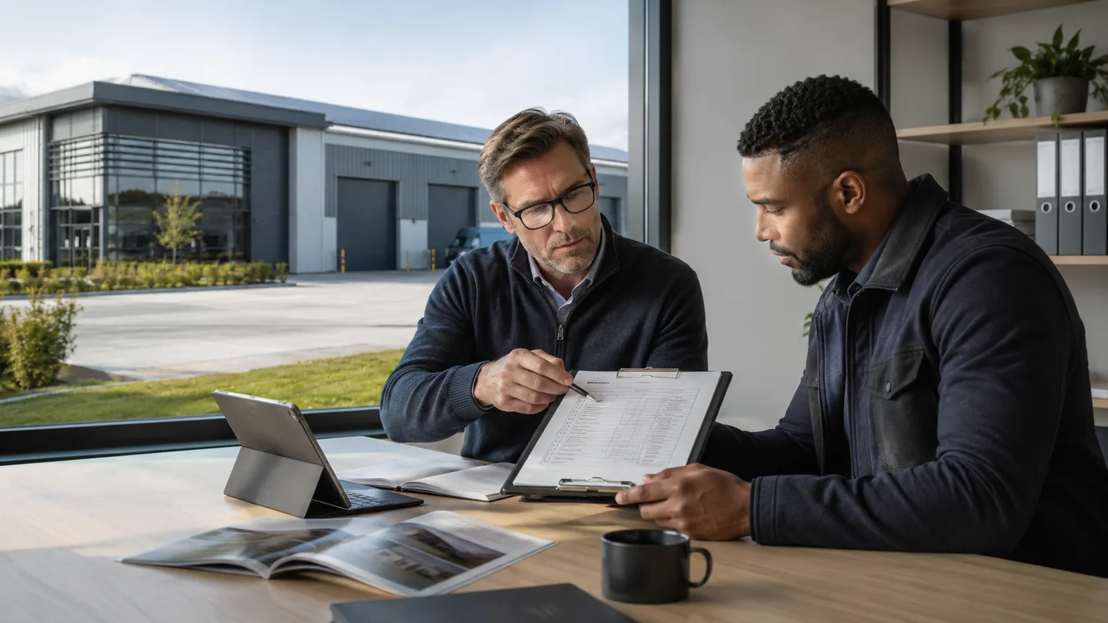Commercial property owner and advisor reviewing a property checklist and site information