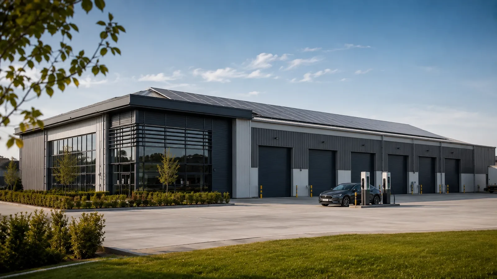 Commercial property with roof-mounted solar panels and EV charging infrastructure