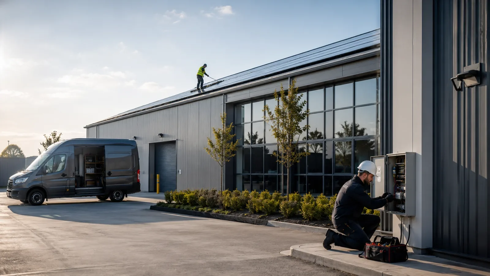 Commercial roofing and electrical work coordinated around a solar and power project