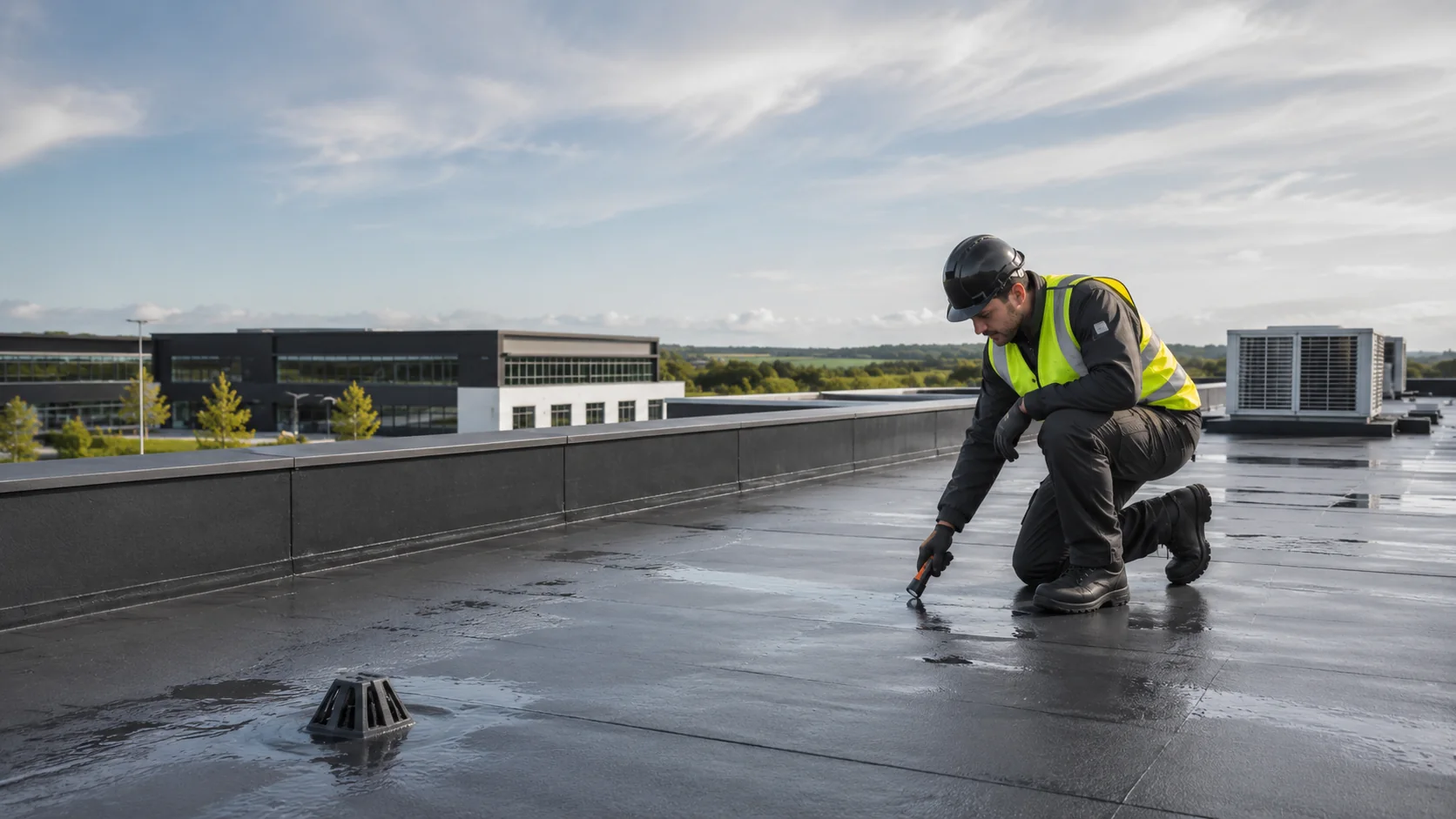 Commercial roofer inspecting a flat roof and drainage details