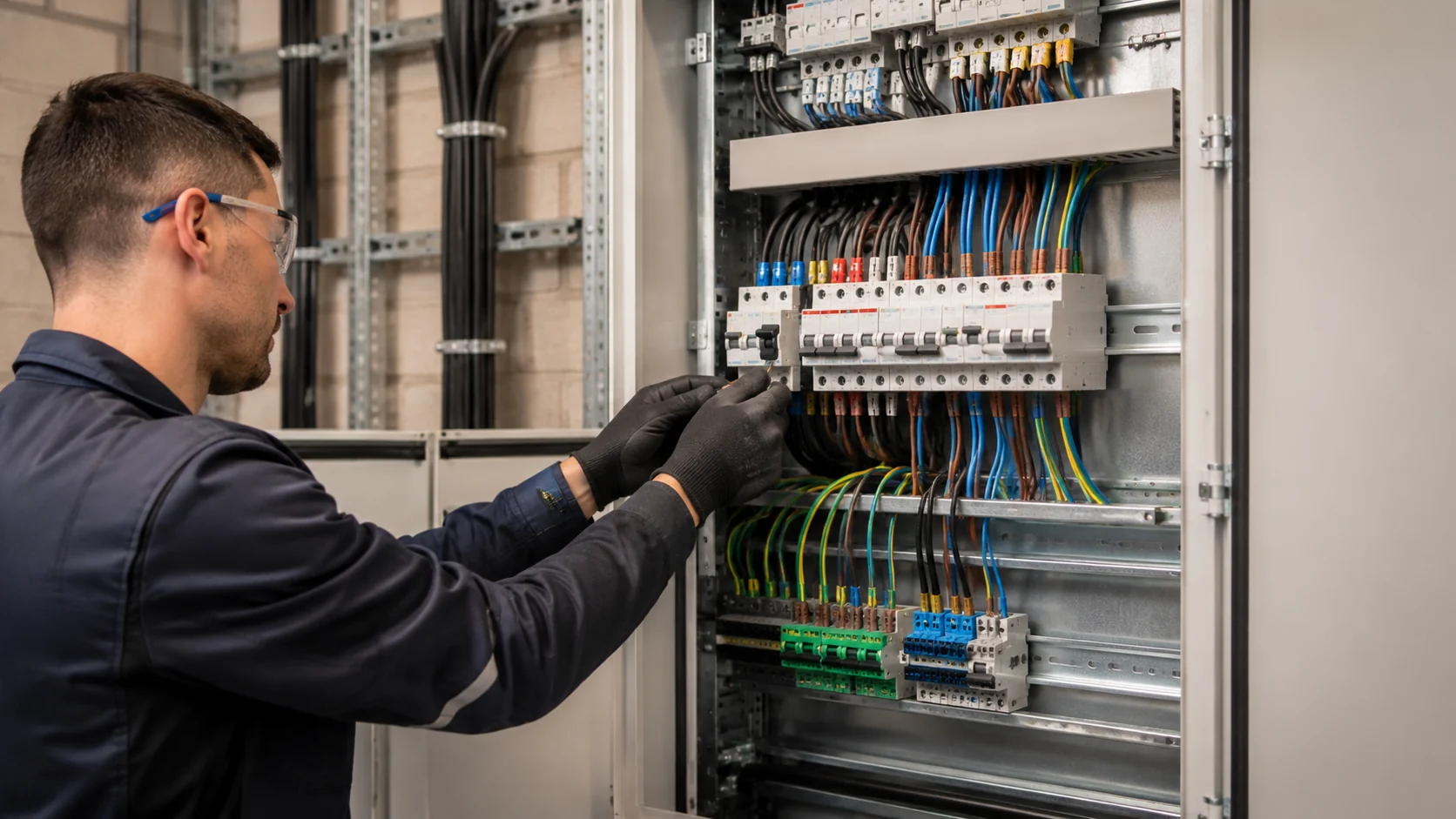 Commercial electrician working on an organised distribution board