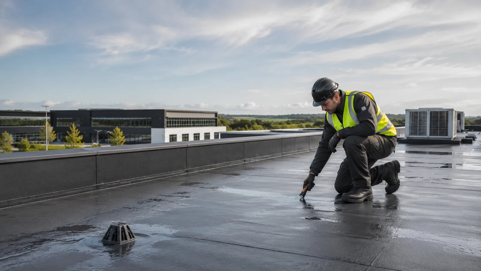 Commercial roofer inspecting a flat roof
