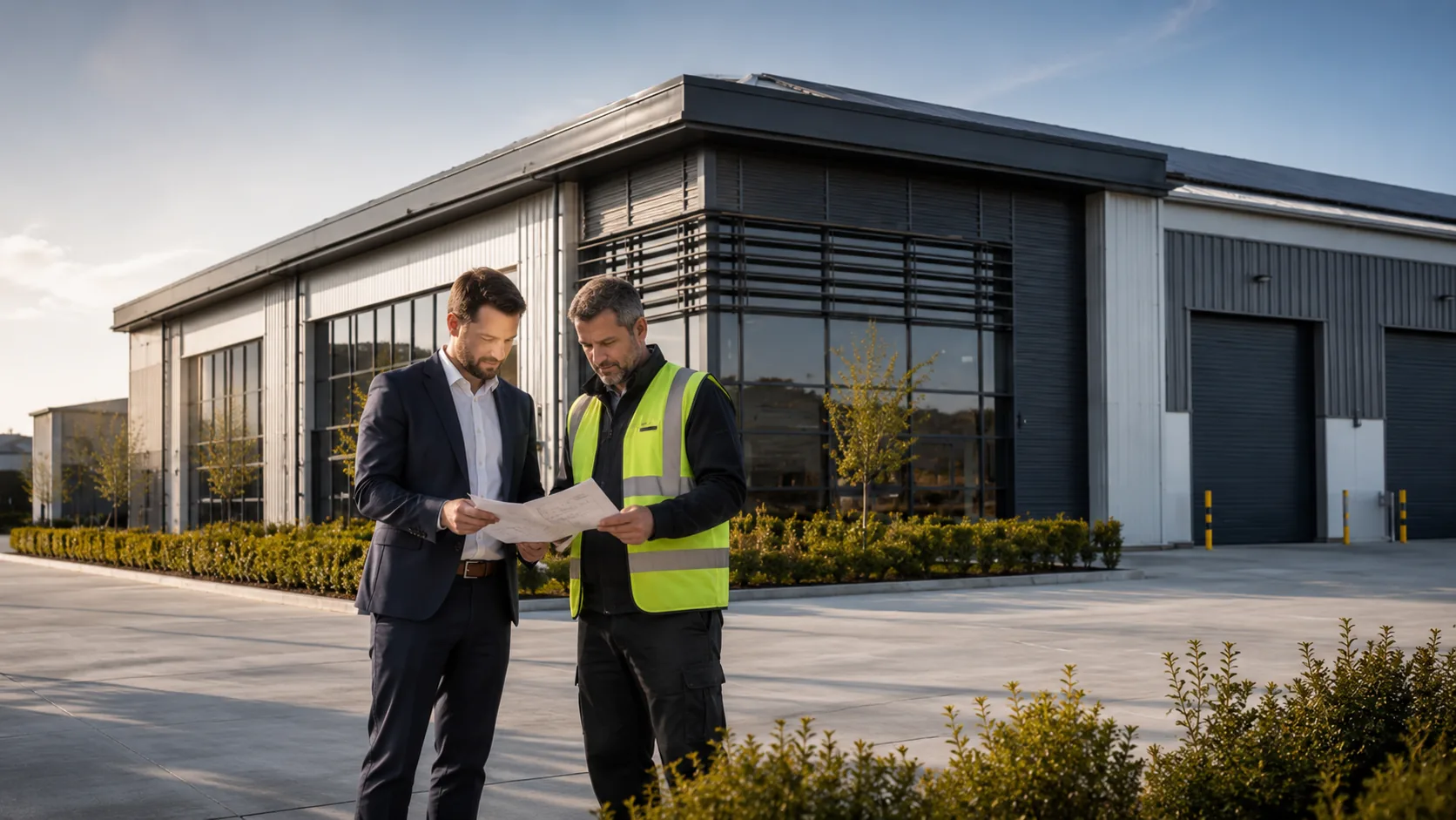 Commercial property owner and advisor reviewing plans outside an industrial property