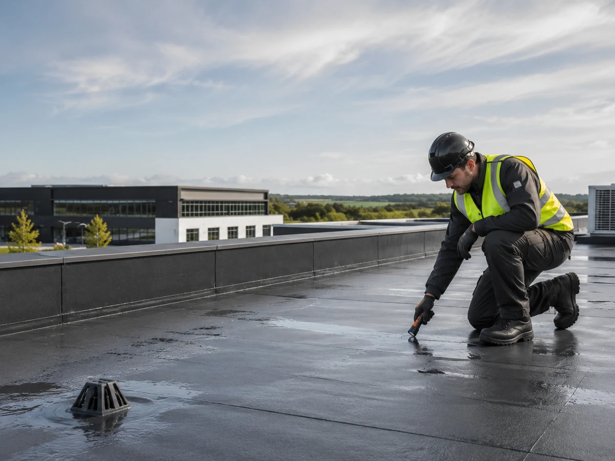 Commercial flat-roof inspection on a large business property