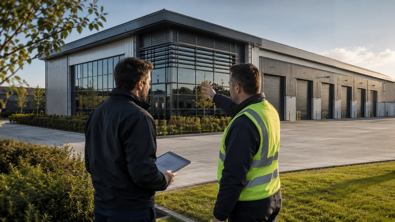 Property representative and contractor reviewing a commercial building