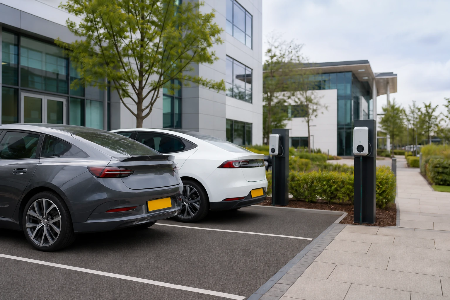 Illustrative modern office and staff-parking context for solar and EV planning; not a completed Zamax project