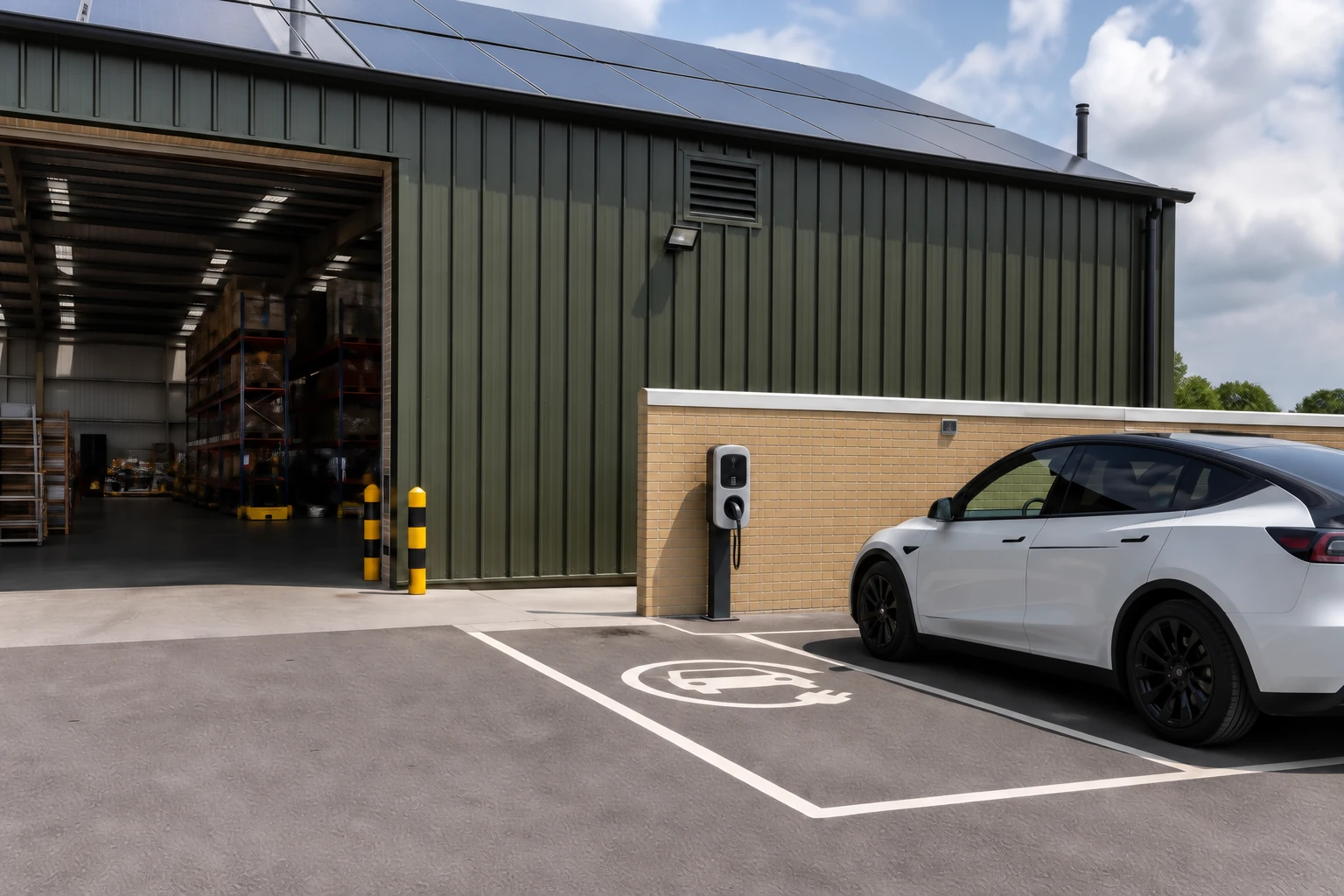 Illustration of an industrial unit with rooftop solar panels and an EV charging bay.