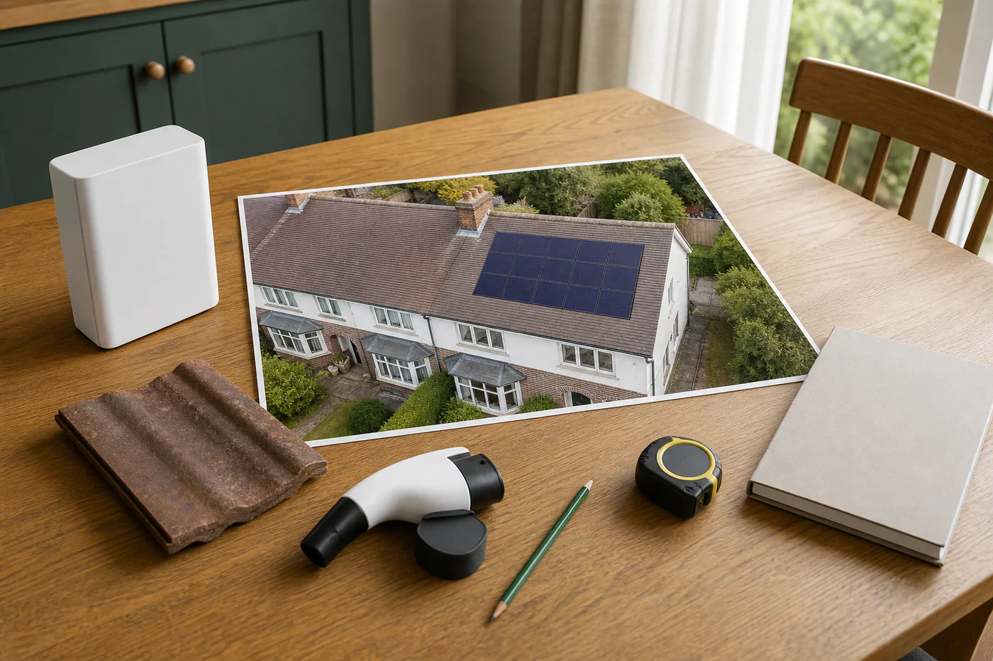 Illustrative home-energy planning table with a British roof photograph, solar layout, battery sample and disconnected EV connector; not a technical design or completed Zamax project