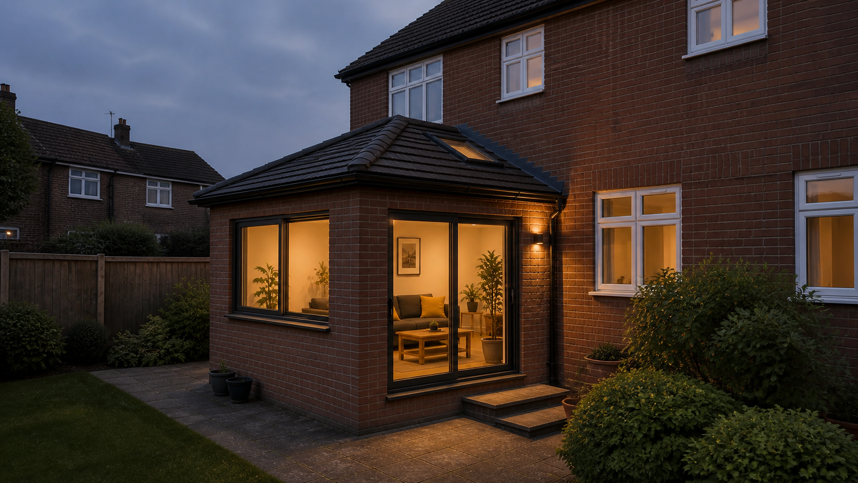 Illustrative full-property view of a completed conservatory-to-room direction; not completed Zamax work