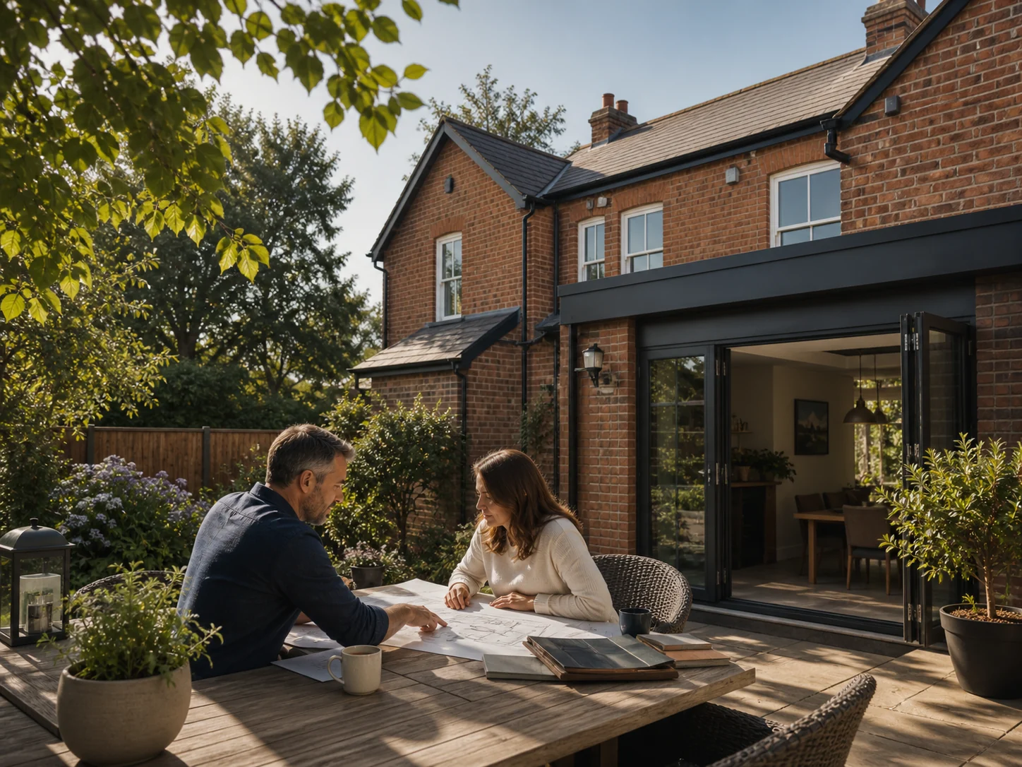 Illustrative warm homeowner planning conversation at a credible British home; not Zamax personnel or a completed project