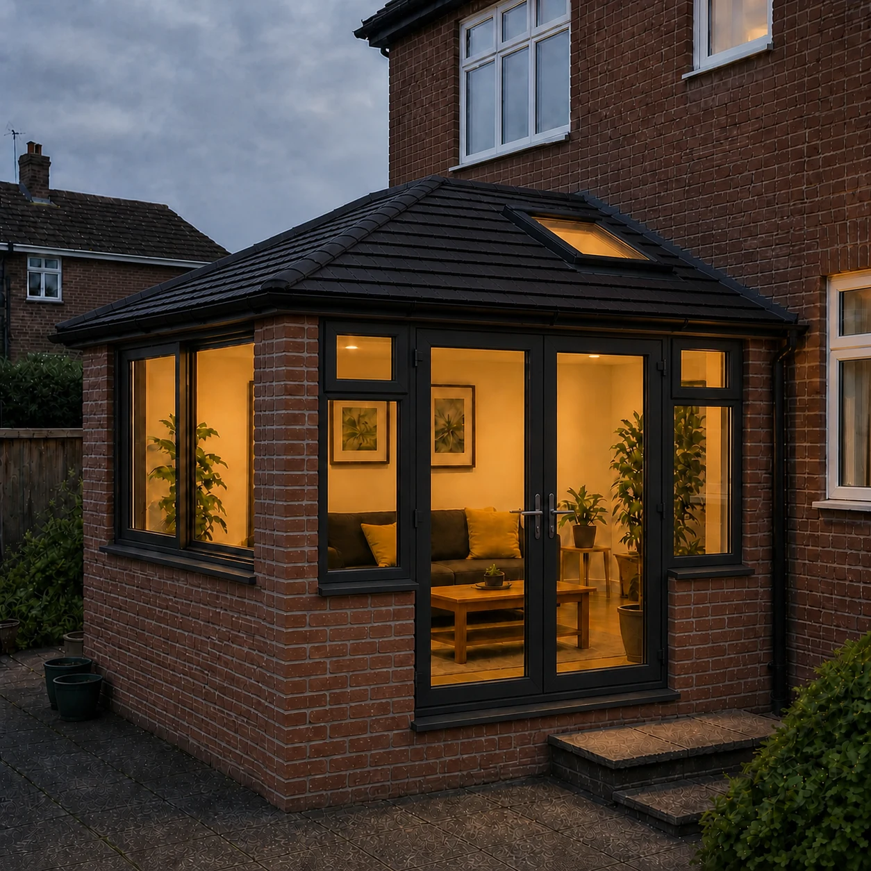 Illustration of a rear room extension with brick walls, a tiled roof, a rooflight and glazed doors.