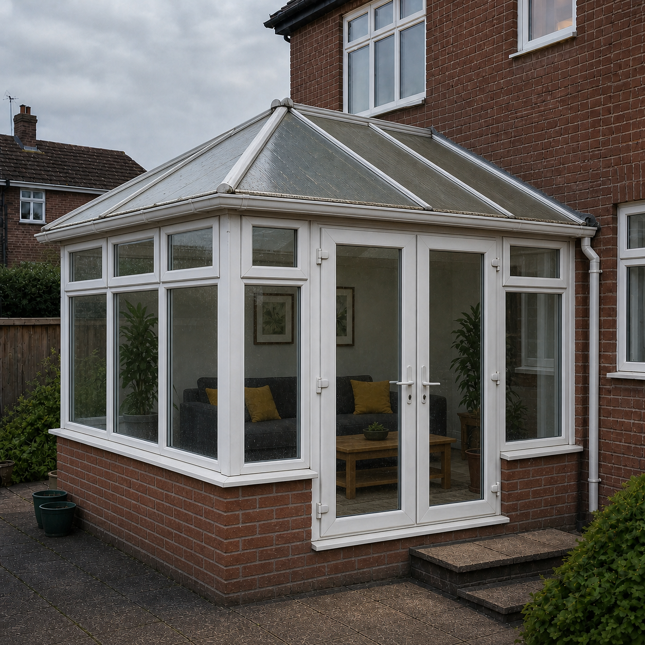 Planning visual of the same property before conversion, with a dated glazed conservatory on the existing base