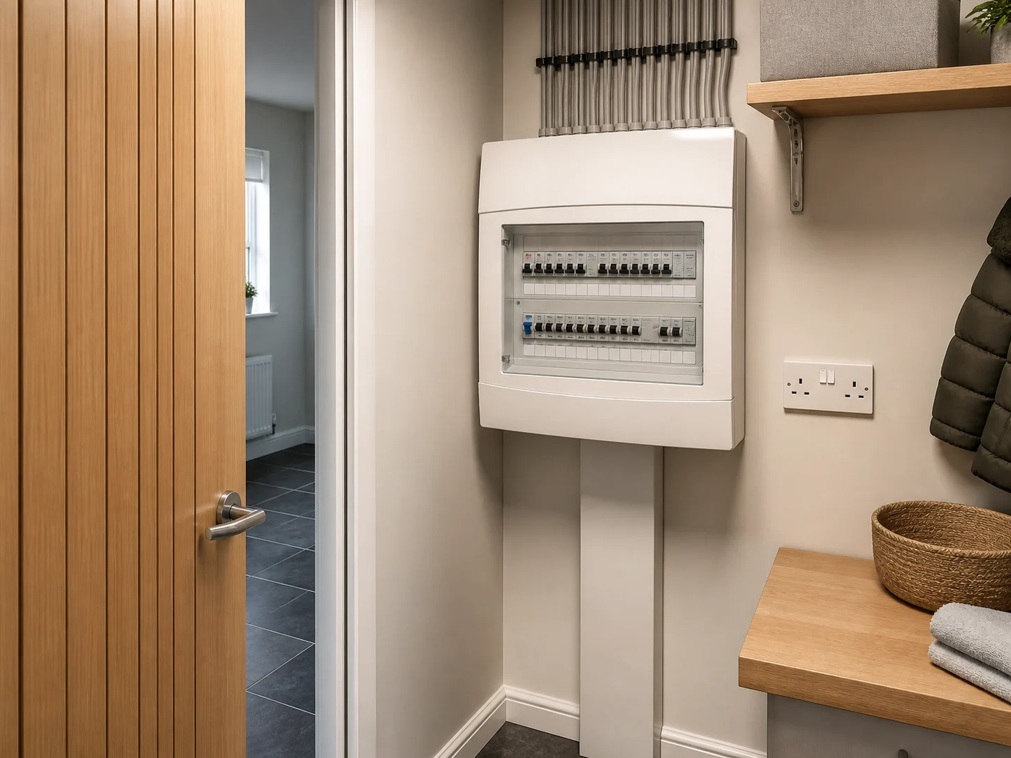 Illustrative safe domestic consumer-unit and electrical-testing context; not a completed Zamax project