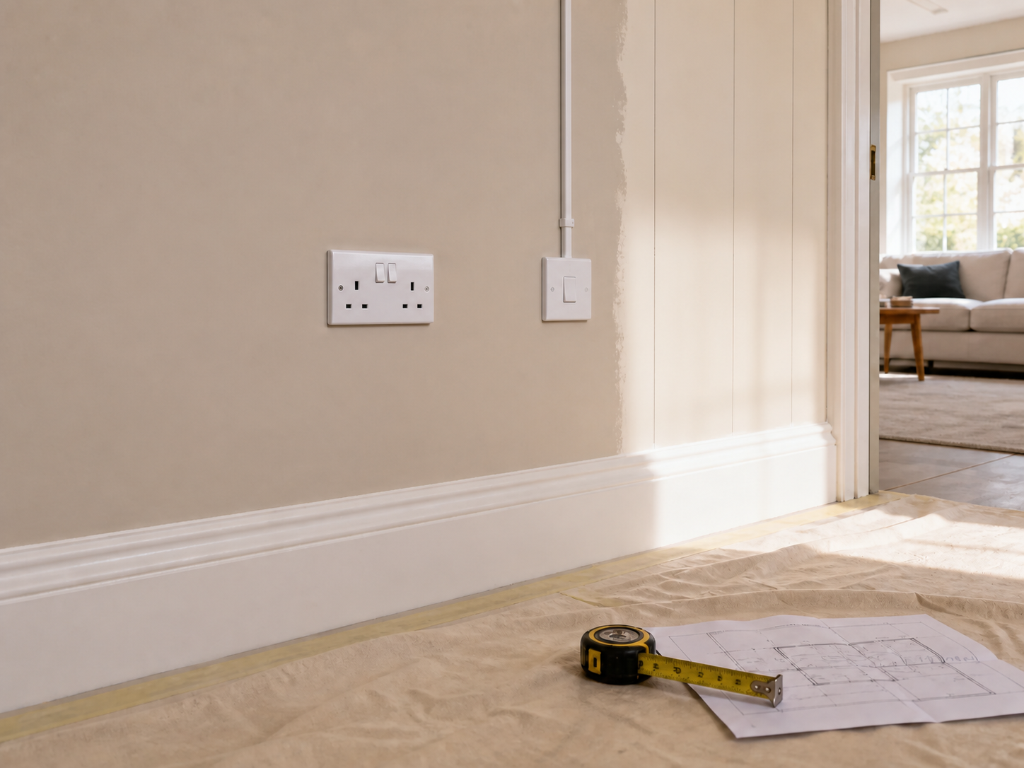 Illustrative credible UK residential renovation-power planning with one double socket and one switch; not a completed Zamax project