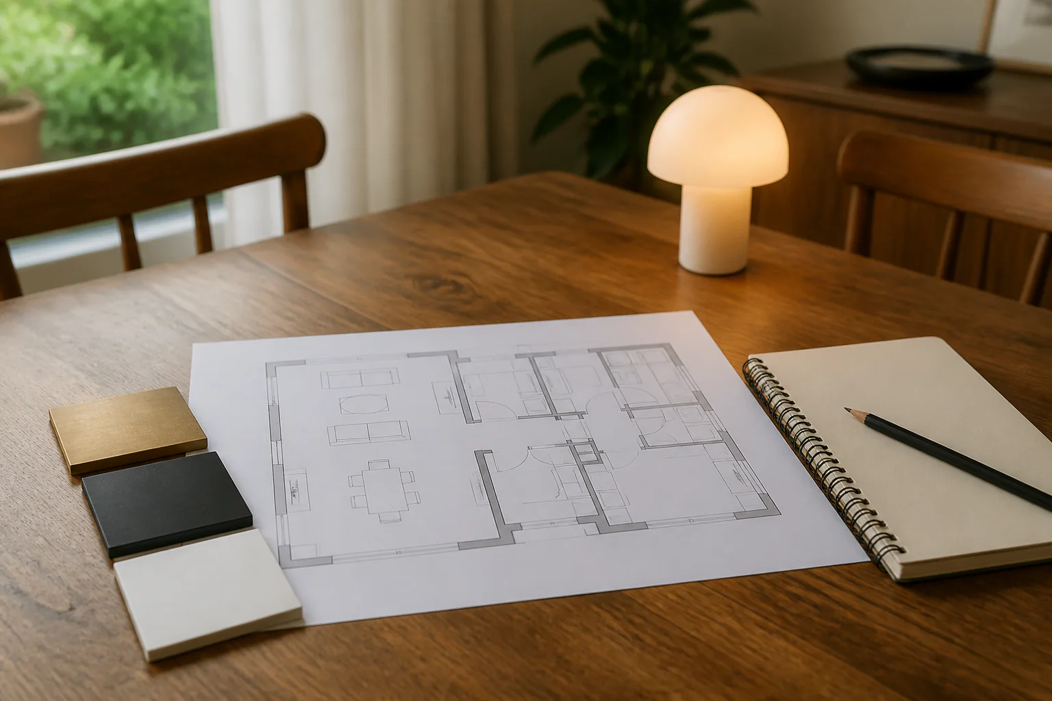 Illustrative lighting-layout planning scene with no live electrical work shown