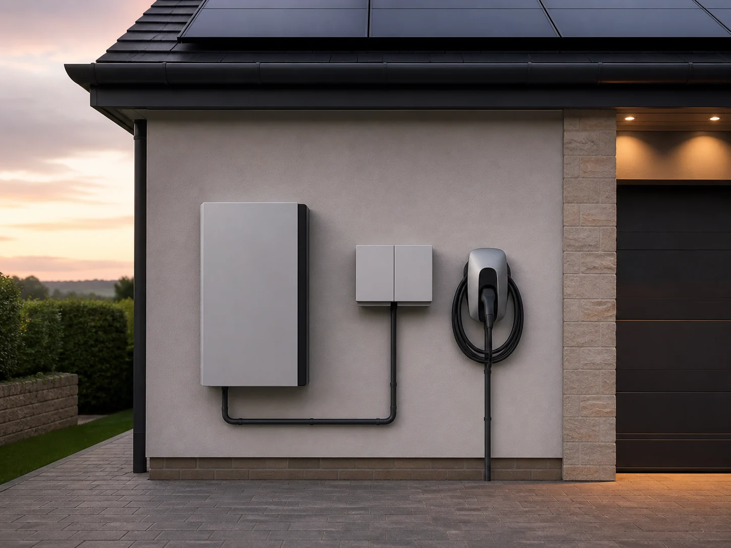 Illustrative tidy domestic battery and docked EV-charger relationship with coherent cable routing; not a completed Zamax project