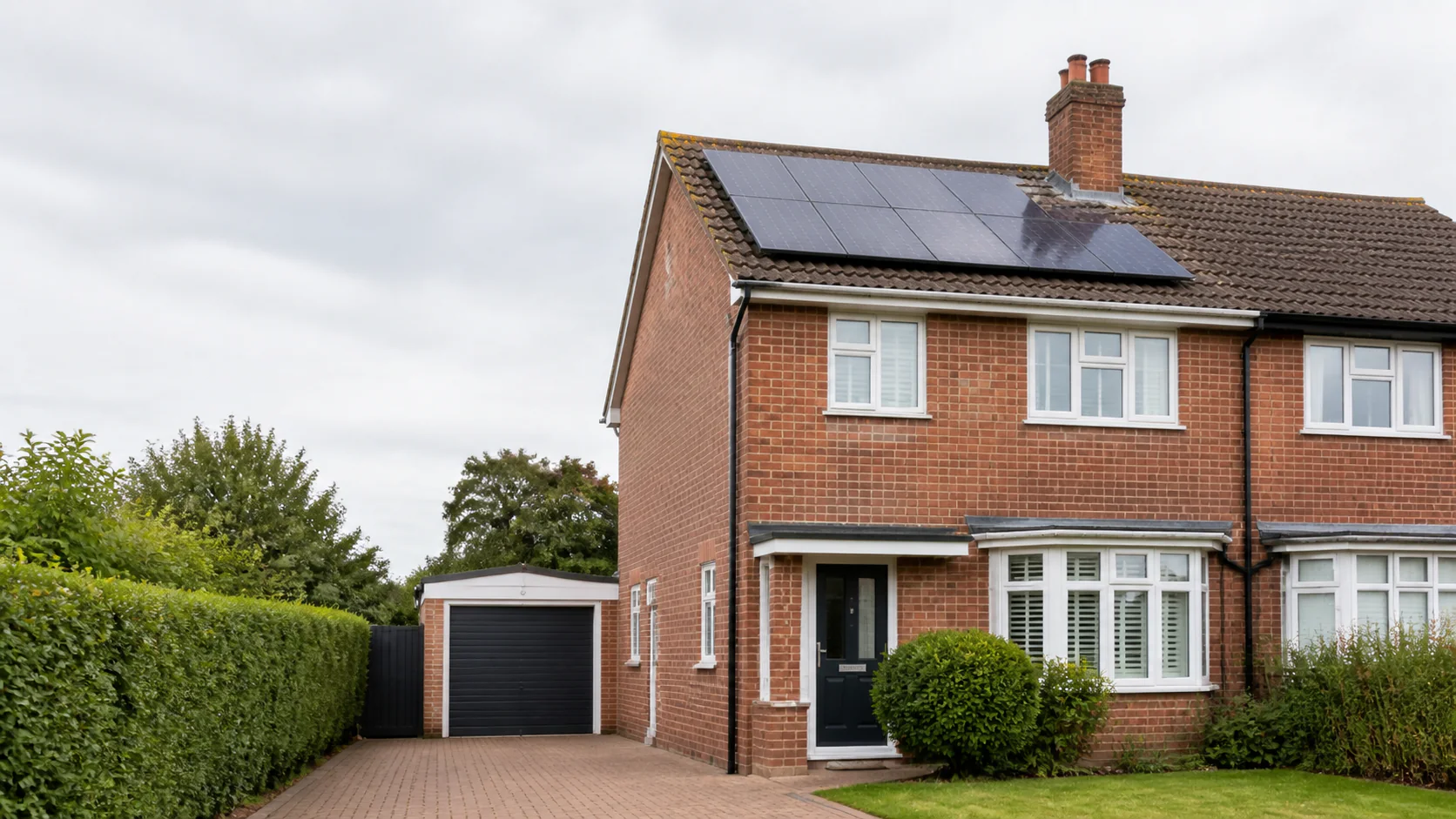 Illustrative British home with a coherent solar roof and tidy home-energy context