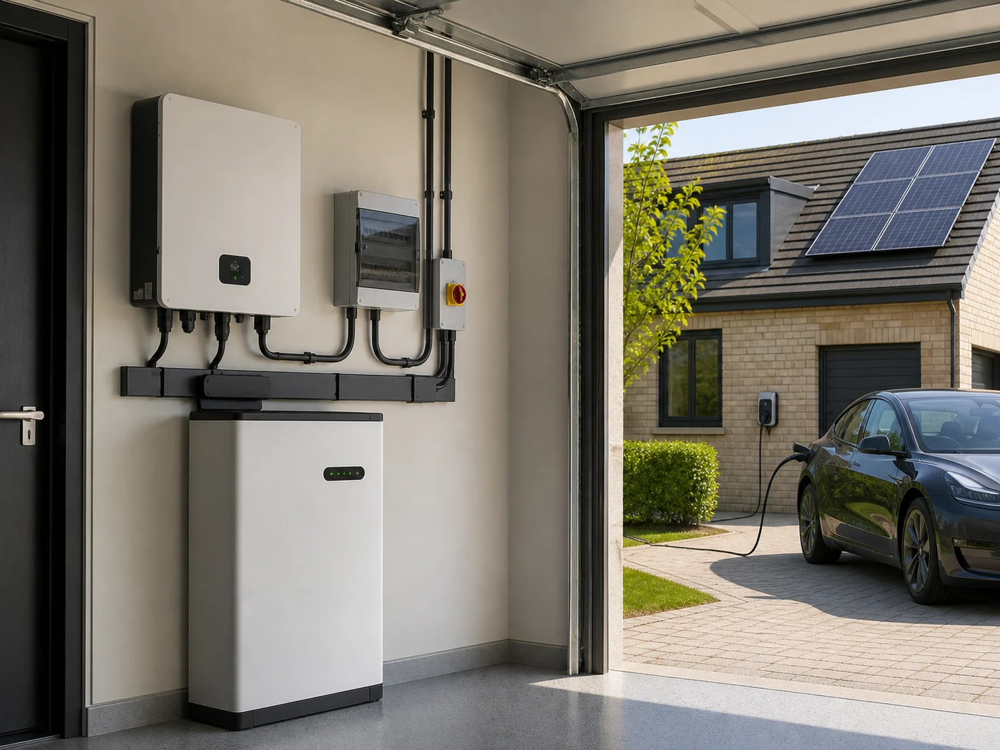 Illustrative tidy home-energy installation showing a credible inverter, battery, isolator, solar and EV relationship; not a completed Zamax project
