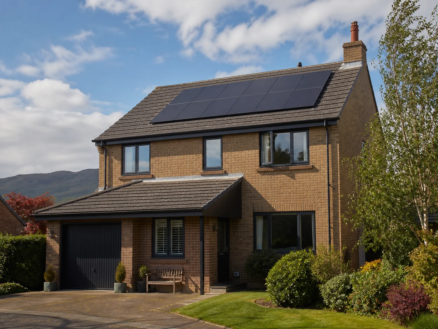 Illustrative premium British home with a coherent modest solar array; not a completed Zamax project