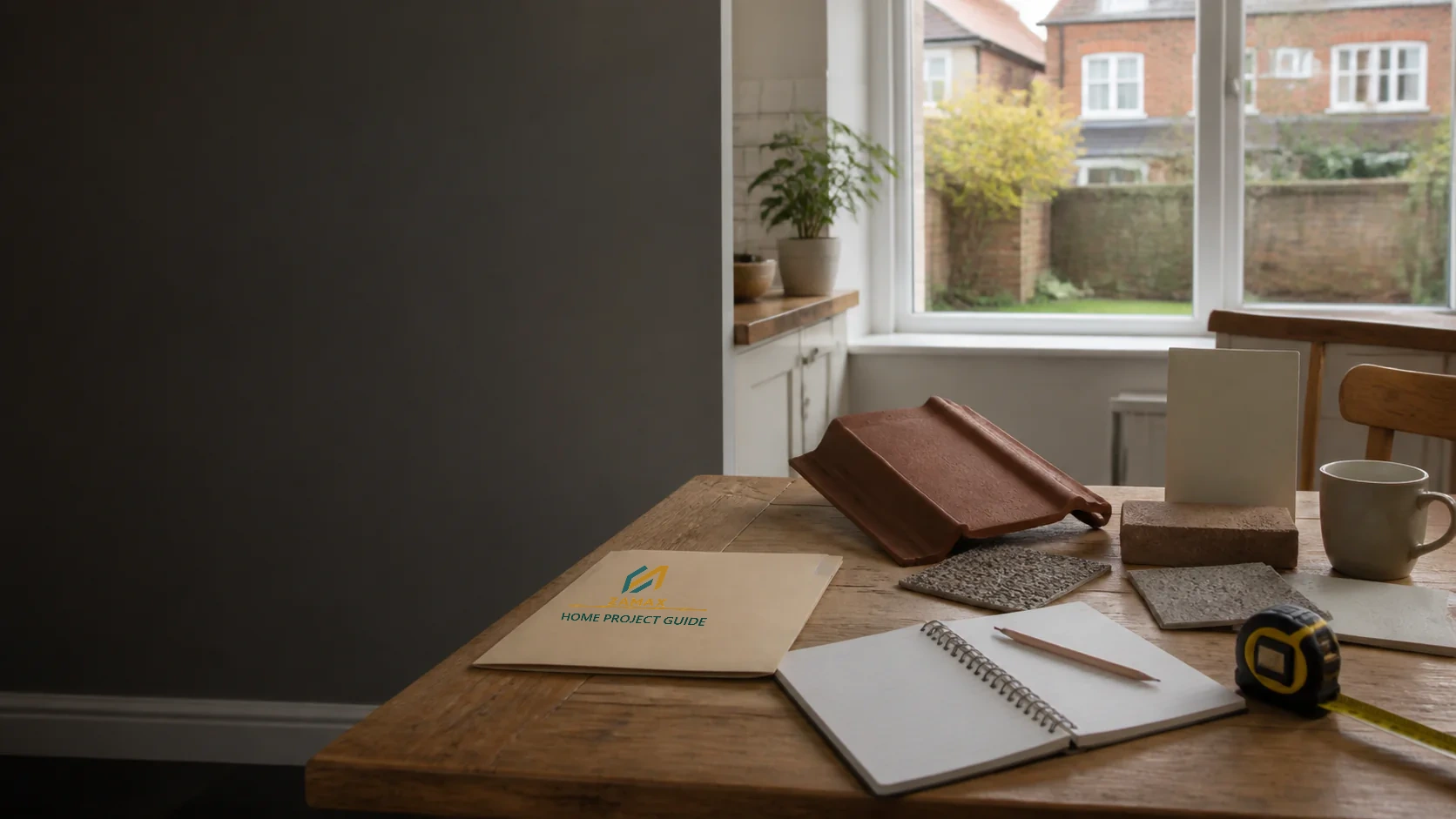 Illustrative Zamax-branded home-project guide and planning notes on a table; not a completed Zamax project