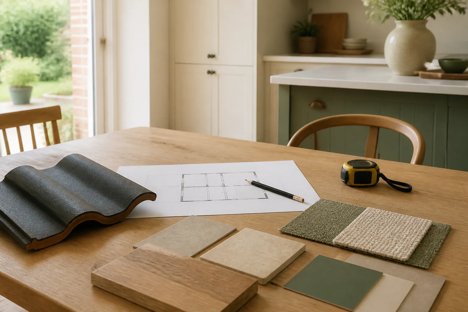 Illustrative home-improvement planning table with roof and finish samples