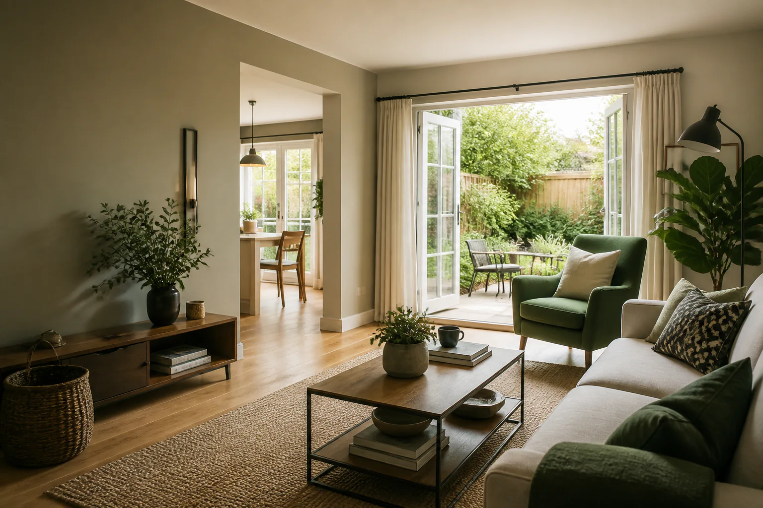 Illustrative comfortable British living room opening toward a garden