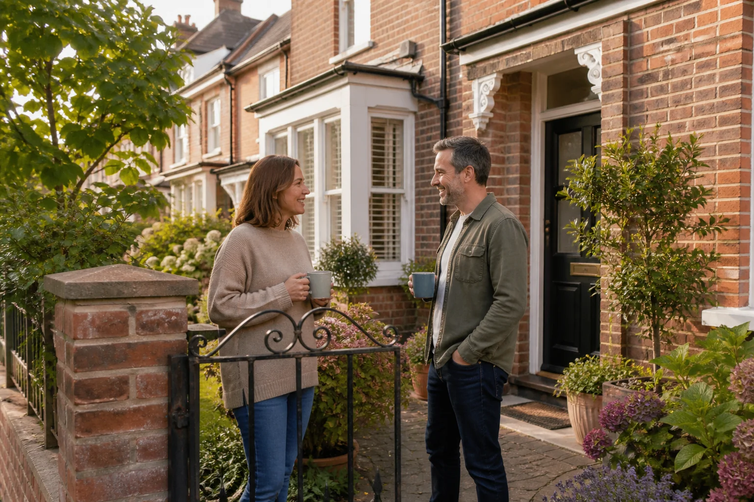 Illustrative natural neighbour conversation over coffee in a British front garden; not a Zamax project or recorded referral