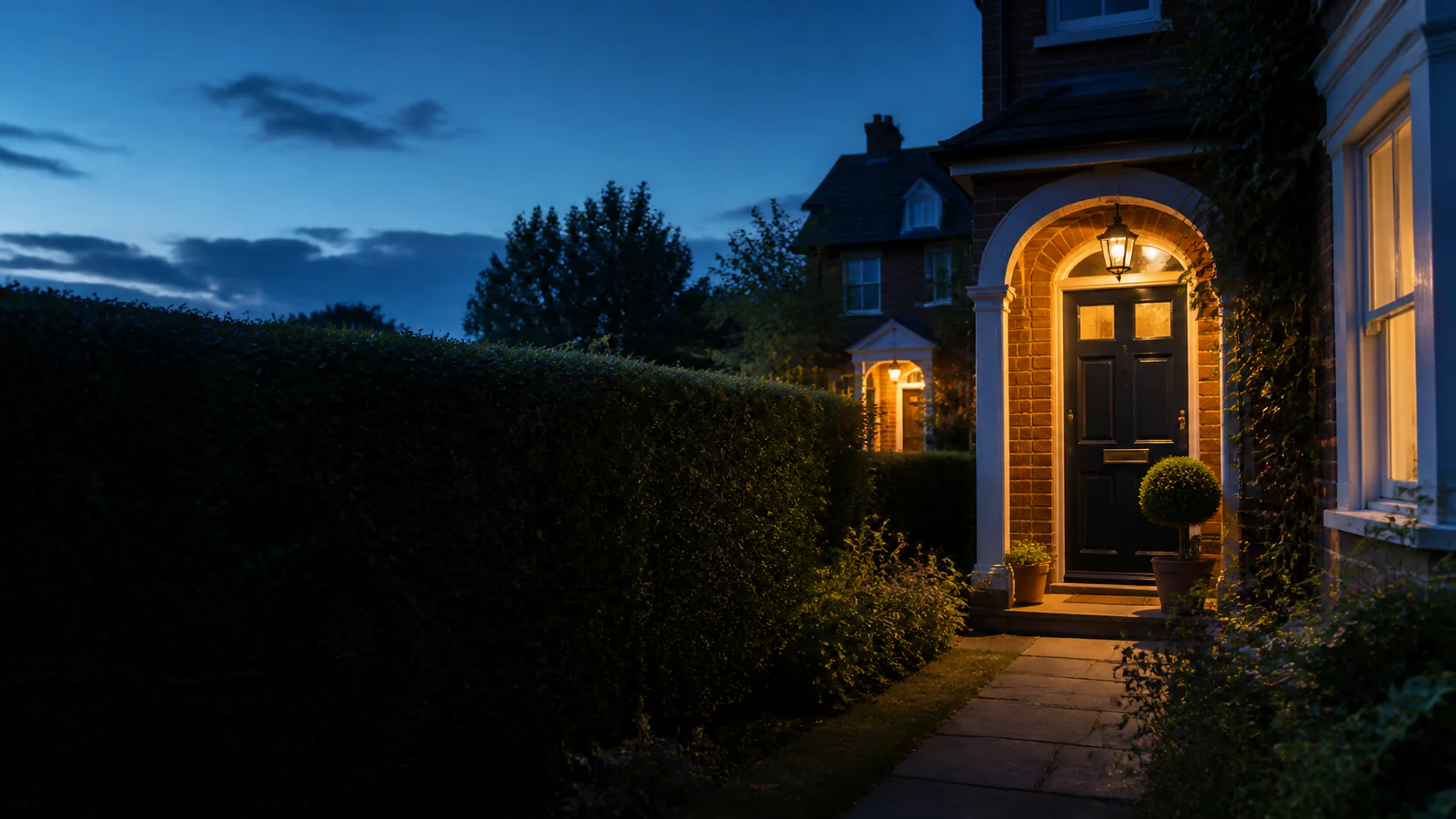 Illustrative welcoming British front door at blue hour; not a completed Zamax project