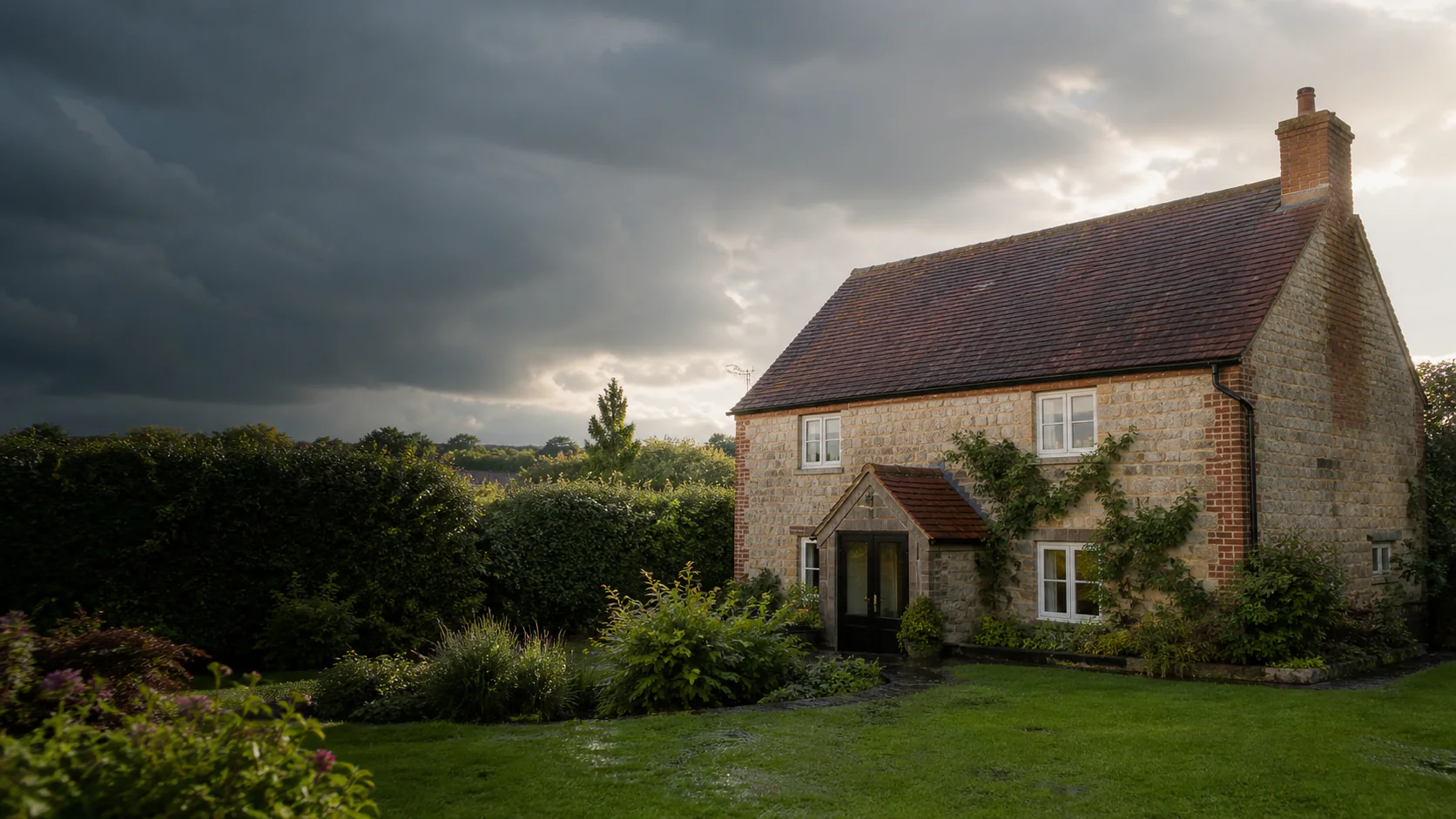 Illustrative well-kept British cottage with a coherent pitched roof and rainwater goods