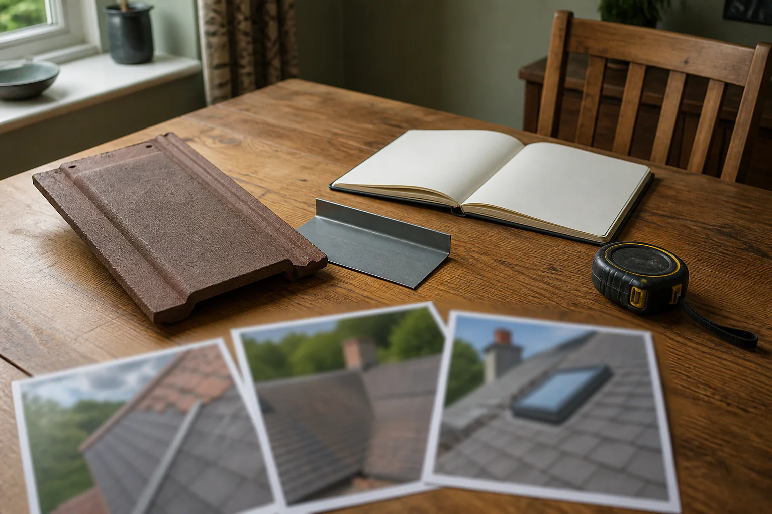 Illustrative roofing material samples used to discuss roof-edge, gutter and planned-inspection priorities