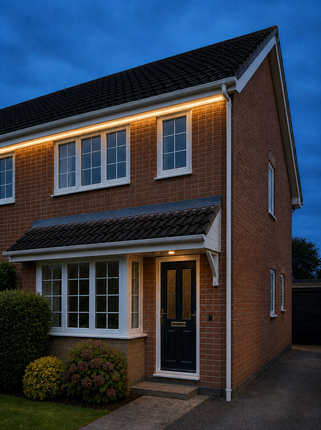Illustrative matched-property roofline after direction with coherent fascia, gutter, downpipe and warm soffit lighting; not completed Zamax work