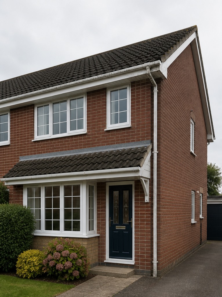 Illustrative matched-property roofline before state with tired fascia and guttering; not completed Zamax work