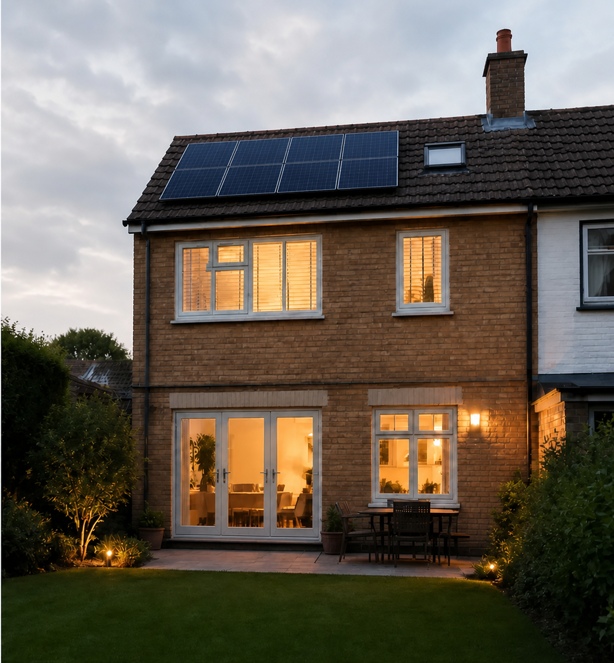 Illustrative matched-property after direction with a credible coordinated solar array and home-energy equipment; not completed Zamax work