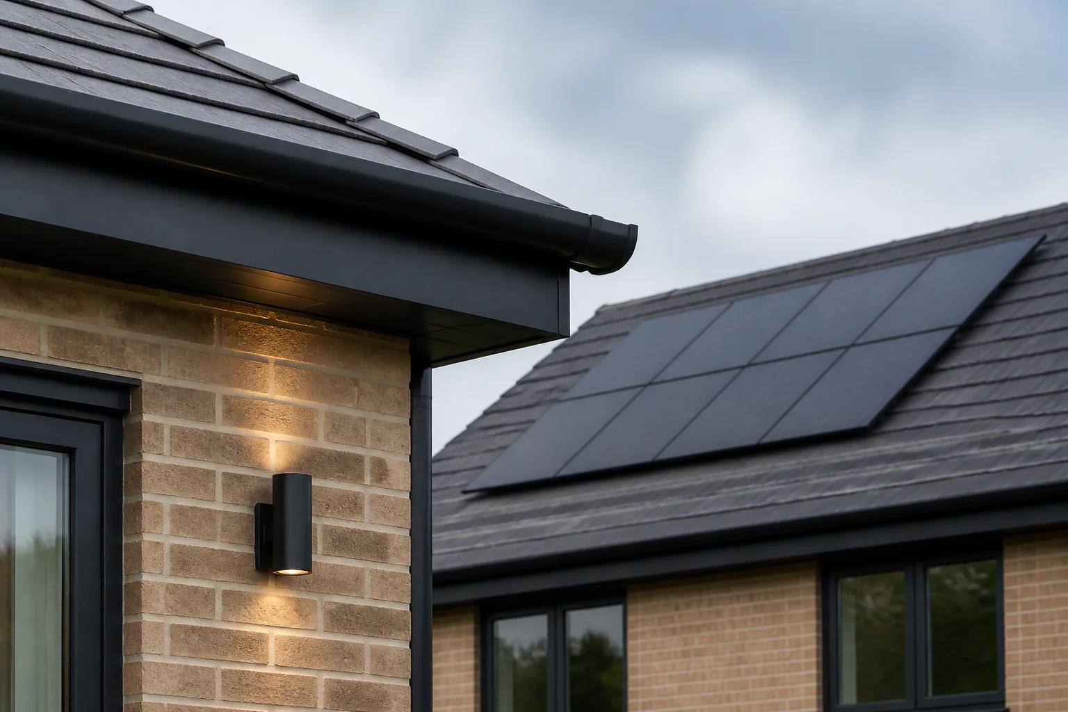 Illustrative roof edge, exterior light and separate solar roof plane showing connected home systems