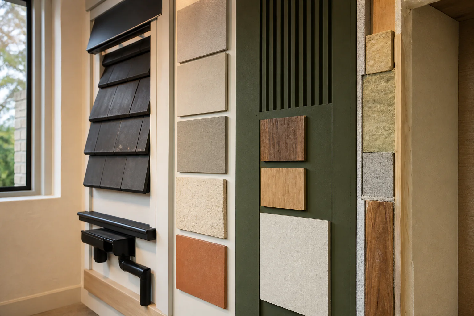 Illustrative upright material and finish sample wall for a coordinated home transformation