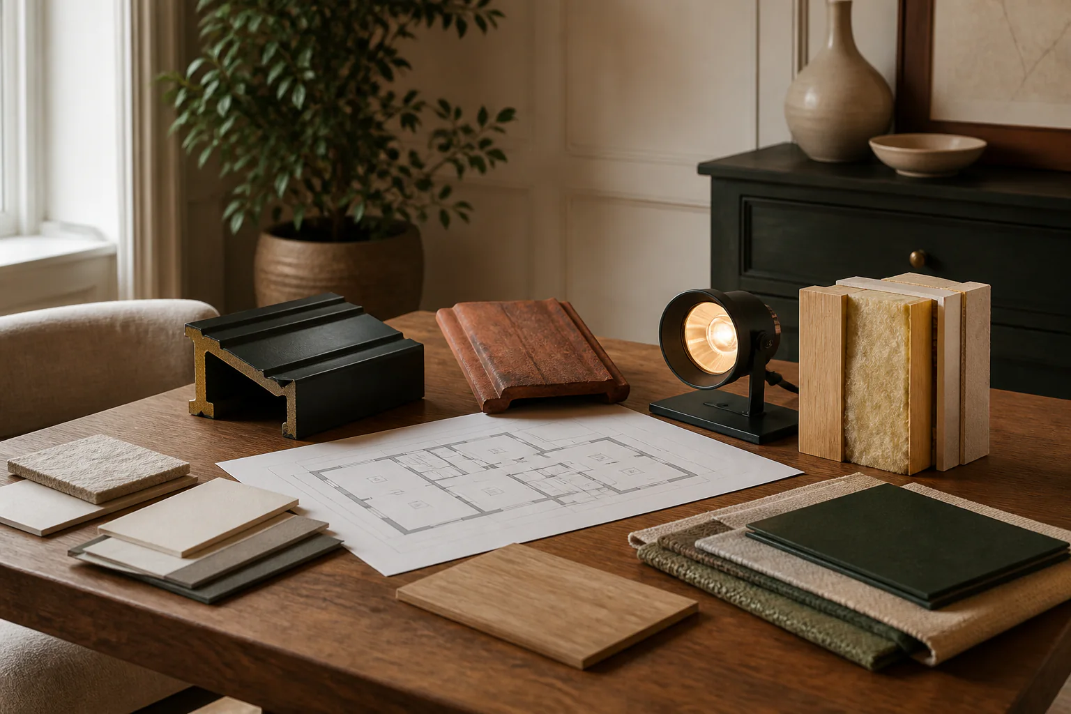 Illustrative home transformation planning table with material, layout and finish references