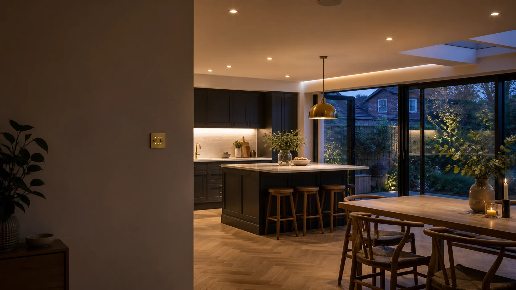 Illustrative warm layered lighting in a finished British kitchen and dining space