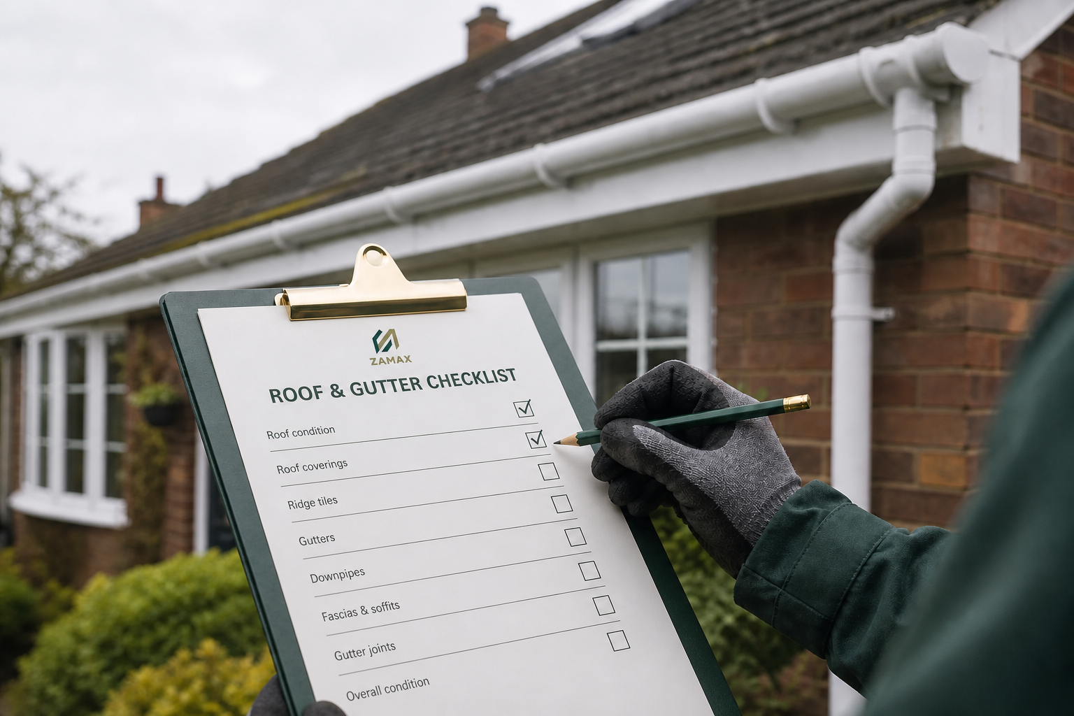 Illustrative Zamax 18-Point Roof and Gutter Warning-Signs Checklist being completed at a British home; not a completed Zamax project