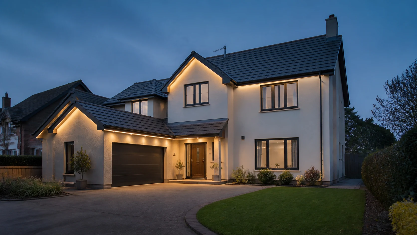 Illustrative British home with a renewed roofline and warm exterior lighting